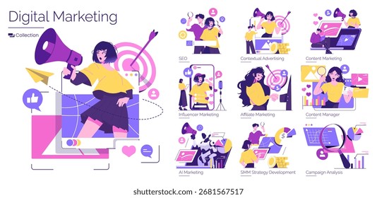 Digital marketing vector illustration showcasing diverse strategies like SEO, influencer marketing, and AI marketing, highlighting creative and analytical actions in a vibrant style.