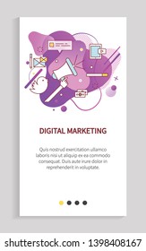 Digital marketing vector, innovation in business using new social media and different tools to reach audience and potential clients, loudspeaker. Website or app slider, landing page flat style