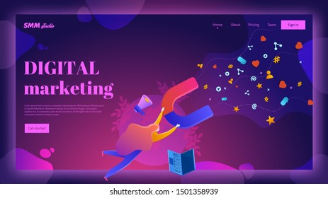 Digital marketing vector landing page header template. Woman attracting likes, share and repost signs with a huge magnet. Blogger get followers, likes and feedback. Social media marketing concept
