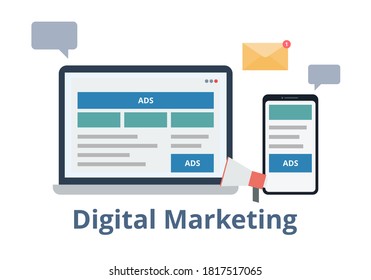 Digital Marketing vector. Online marketing and business concept.
Advertising, SEO, SEM, social media, direct mail, website. Flat illustration on white background.