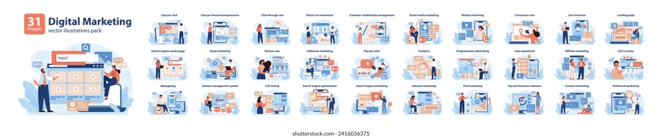 Digital Marketing Vector Set. Comprehensive collection illustrating digital marketing concepts, showcasing strategies and online tools. Flat vector illustrations.