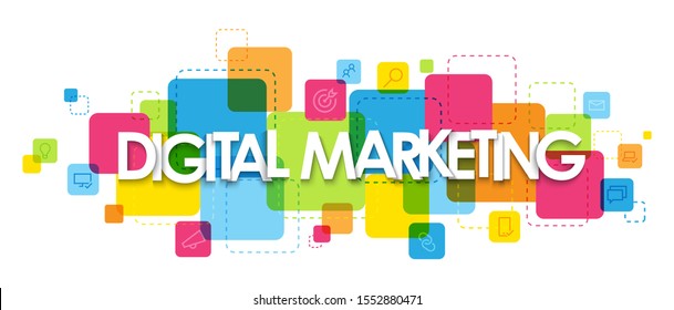 DIGITAL MARKETING vector typography banner on colorful squares with various symbols