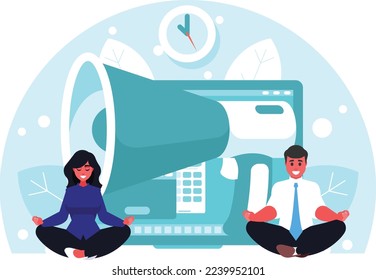 Digital marketing via laptop with megaphone. Huge megaphone on laptop screen. Attracting human resources. Online marketing promotion advertising. Businesspeople doing yoga. Vector graphics