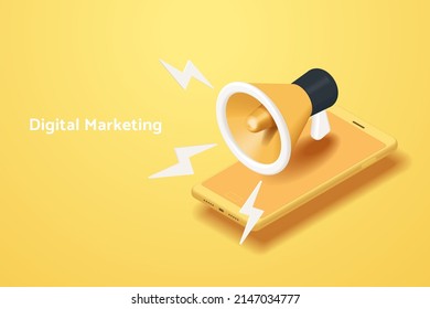 Digital marketing via smartphone with megaphone online marketing promotion mobile advertising on a yellow-orange background. 3D isometric vector illustration