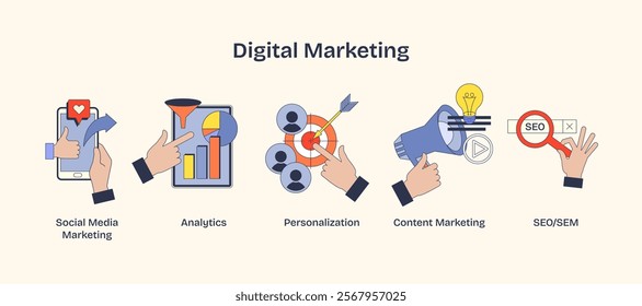 Digital marketing visual with hands, charts, and icons symbolizing analytics and engagement. Neubrutalism hands concept.