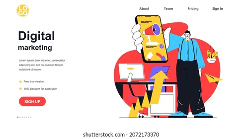 El concepto de banner web de marketing digital. El hombre atrae clientes en medios sociales en aplicaciones móviles, promoción en línea y comercio electrónico, plantilla de página de inicio. Ilustración de vectores con escenas de personas en diseño plano