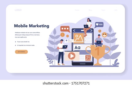 Digital marketing web banner or landing page. Business promotion, customer communication and product advertising through social networks. SEO, SEM. Flat vector illustration