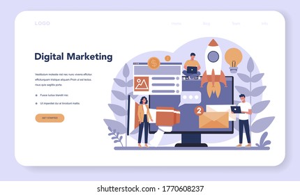 Digital marketing web banner or landing page. Business promotion, customer communication and product advertising through social networks. SEO, SEM. Flat vector illustration