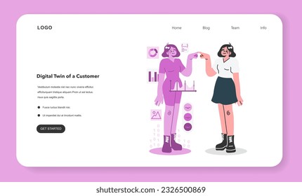 Digital marketing web banner or landing page. Digital twin. Woman's avatar connected in cyberspace or metaverse. Customer data, statistics and experience. Flat vector illustration