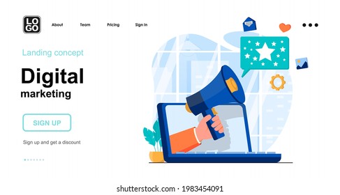 Digital marketing web concept. Advertising and promotion in social networks, attracting new clients. Template of people scenes. Vector illustration with character activities in flat design for website