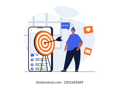 Digital marketing web concept with character scene. Man making advertising and targeting audience online. People situation in flat design. Vector illustration for social media marketing material.