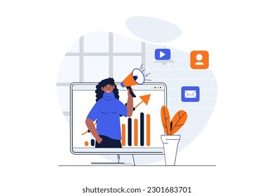 Digital marketing web concept with character scene. Woman with megaphone making advertising campaign online. People situation in flat design. Vector illustration for social media marketing material.