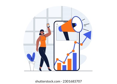 Digital marketing web concept with character scene. Woman creating different advert content, analyzing data. People situation in flat design. Vector illustration for social media marketing material.