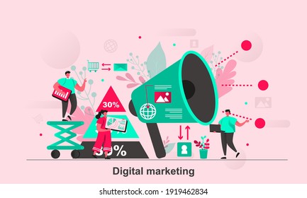 Digital marketing web concept design in flat style. Social media marketing specialist scene visualization. Advertising and promotion. Vector illustration with tiny people characters in life situation.