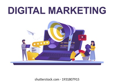 Digital marketing web concept in flat style. People analyze marketplace, conduct advertising campaigns to promote goods, branding scene. Vector illustration of cartoon characters for website design