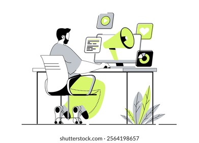 Digital marketing web concept with flat cartoon people for website design. Man creating advertising content and making posts, sending promo messages, attracting new clients. Vector illustration.