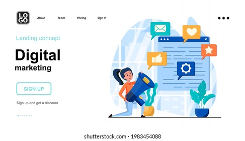 Digital marketing web concept. Marketer attracts clients, advertising campaign in social networks. Template of people scenes. Vector illustration with character activities in flat design for website