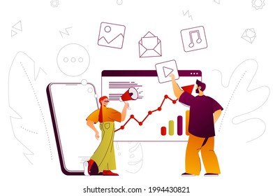 Concepto web de marketing digital. Equipo promocionando negocios, desarrollar estrategia en línea. Escena de personas con diseño de caracteres de línea plana para sitio web. Ilustración vectorial para materiales promocionales de medios sociales