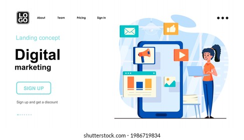 Digital marketing web concept. Woman doing ad campaign, social media advertising for mobile app. Template of people scene. Vector illustration with character activities in flat design for website