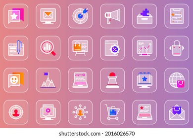 Digital marketing web glassmorphic icons set. Pack outline pictograms of email newsletter, targeting, megaphone , successful strategy, data analysis, customer buys and other. Vector line glass symbols