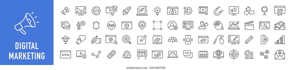 Ícone da Web de Marketing Digital em estilo de linha. Social, redes, feedback, comunicação, marketing, conteúdo, análise, coleção de comércio eletrônico. Ilustração vetorial.