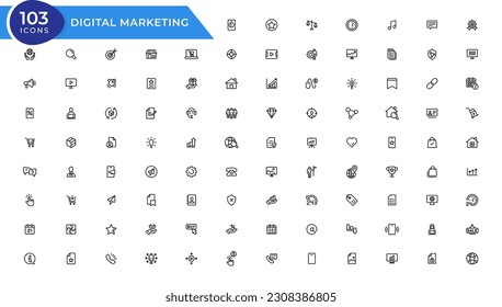 Digital Marketing web icons in line style. Social, networks, feedback, communication, marketing, ecommerce.
