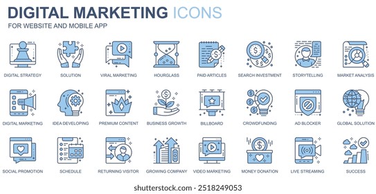 Digital marketing web icons set in duotone line design. Pack of strategy, solution, hourglass, paid article, search investment, storytelling, idea, other outline stroke pictograms. Vector illustration