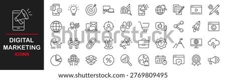 Digital Marketing web icons set. Business and Marketing - simple thin line icons collection. Containing marketing, seo, ecommerce, analysis, communication, advertising and more. Simple web icons set