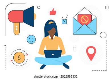 Digital marketing web technology line icons and woman character isolated on white background