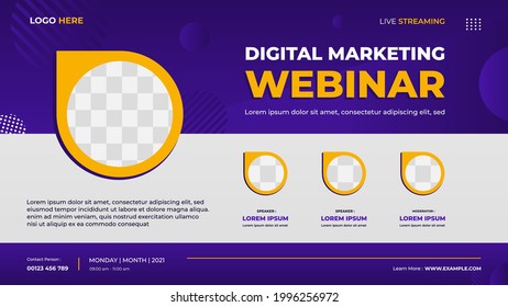 Digital marketing webinar banner template for website with three circle frames and geometric background