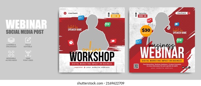 Digital Marketing Webinar And Corporate Social Media Post Template. Seminar Or Workshop Event Flyer. Web Poster With Abstract Background. Annual Meeting Or Online Business Conference Promotion Banner.