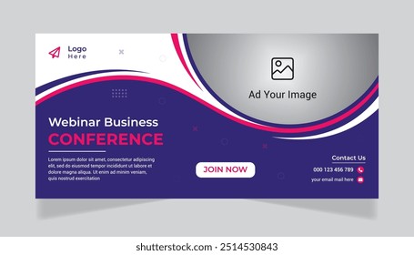 Digital marketing webinar, cover banner design, corporate business webinar, web banner template, business conference layout.
