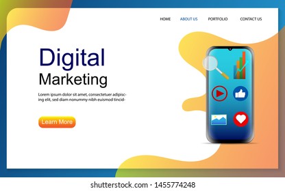 Digital marketing webpage template design. Digital marketing strategy concept with social media icon in modern flat style design, can use for landing page, mobile web, website vector illustration