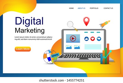 Digital marketing webpage template design. Digital marketing strategy concept with social media icon in modern flat style design, can use for landing page, mobile web, website vector illustration