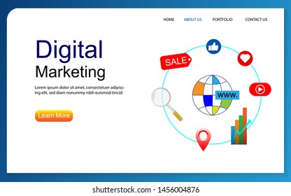 Digital marketing webpage template design. Digital marketing strategy concept with social media icon in modern flat style design, can use for landing page, mobile web, website vector illustration