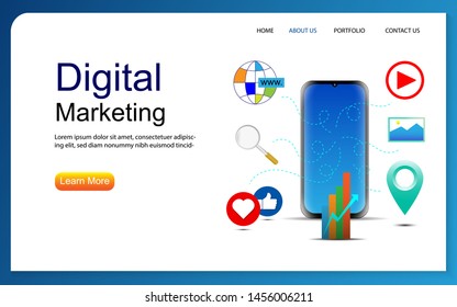 Digital marketing webpage template design. Digital marketing strategy concept with social media icon in modern flat style design, can use for landing page, mobile web, website vector illustration