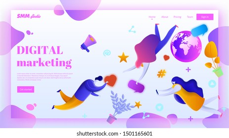Digital marketing webpage template. Flat vector illustration depicting people working with social media networks. Consumers using social media platforms to find useful products.