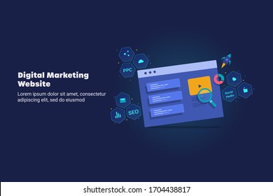 Marketing digital, marketing de sitios web, optimización de SEO, publicidad de contenido - ilustración conceptual creativa vectorial con iconos y textos