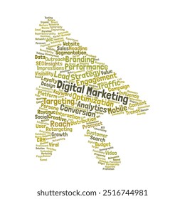 Digital Marketing Word Cloud. Composition of Words Related to SEO, Social Media, and Online Advertising. Key Concepts in Optimization, Engagement, and Campaign Management. Isolated White Background.