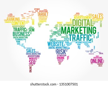 Digital Marketing word cloud in shape of world map, business concept background