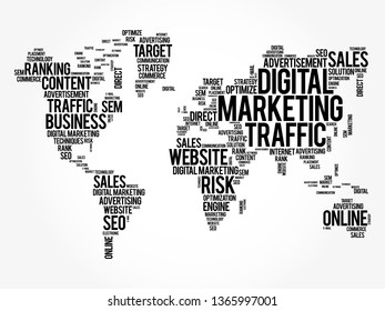 Digital Marketing word cloud in shape of world map, business concept background