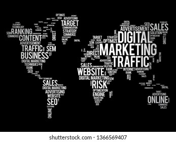 Digital Marketing word cloud in shape of world map, business concept background