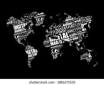 Digital Marketing word cloud in shape of world map, business concept background