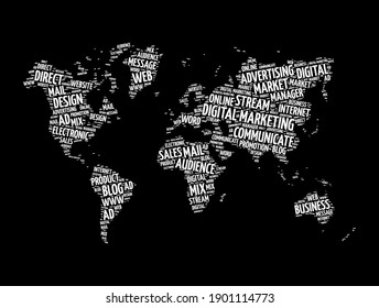 Digital Marketing Word Cloud In Shape Of World Map, Business Concept Background