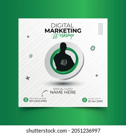 Digital marketing workshop square banner template. 3D Shape Banner. Suitable for social media posts and web internet ads. square flyer design template. Vector illustration