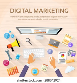 Digital Marketing Workspace Desktop Workstation Hands Desk Vector Illustration