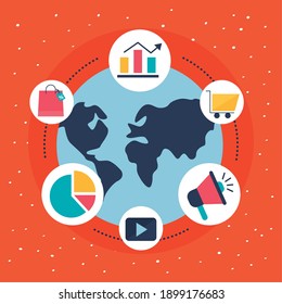 Digital marketing world with flat style icon collection design, ecommerce and shopping online theme Vector illustration