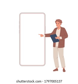 Digitales Marketing. Young-Junge macht Präsentationen auf Smartphone