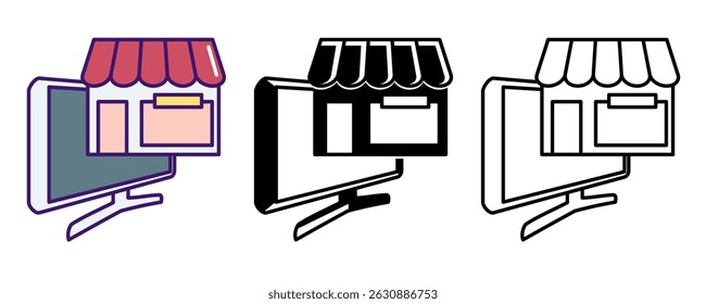 Digital Marketplace icon represented by computer, store Line, Filled, Color style.