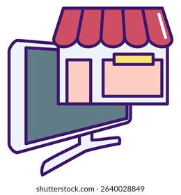 Digital Marketplace icon represented by computer, store Lineal Color style.